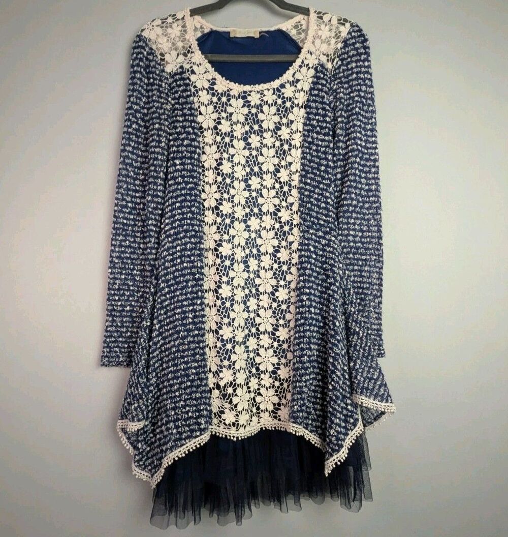 Altar'd State Babydoll Dress Women's S Blue Floral Knit Tiered Lace Long Sleeve